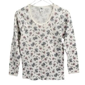 Vintage Indera Floral Waffle Knit Thermal Top L Coquette Cottage Long Sleeve